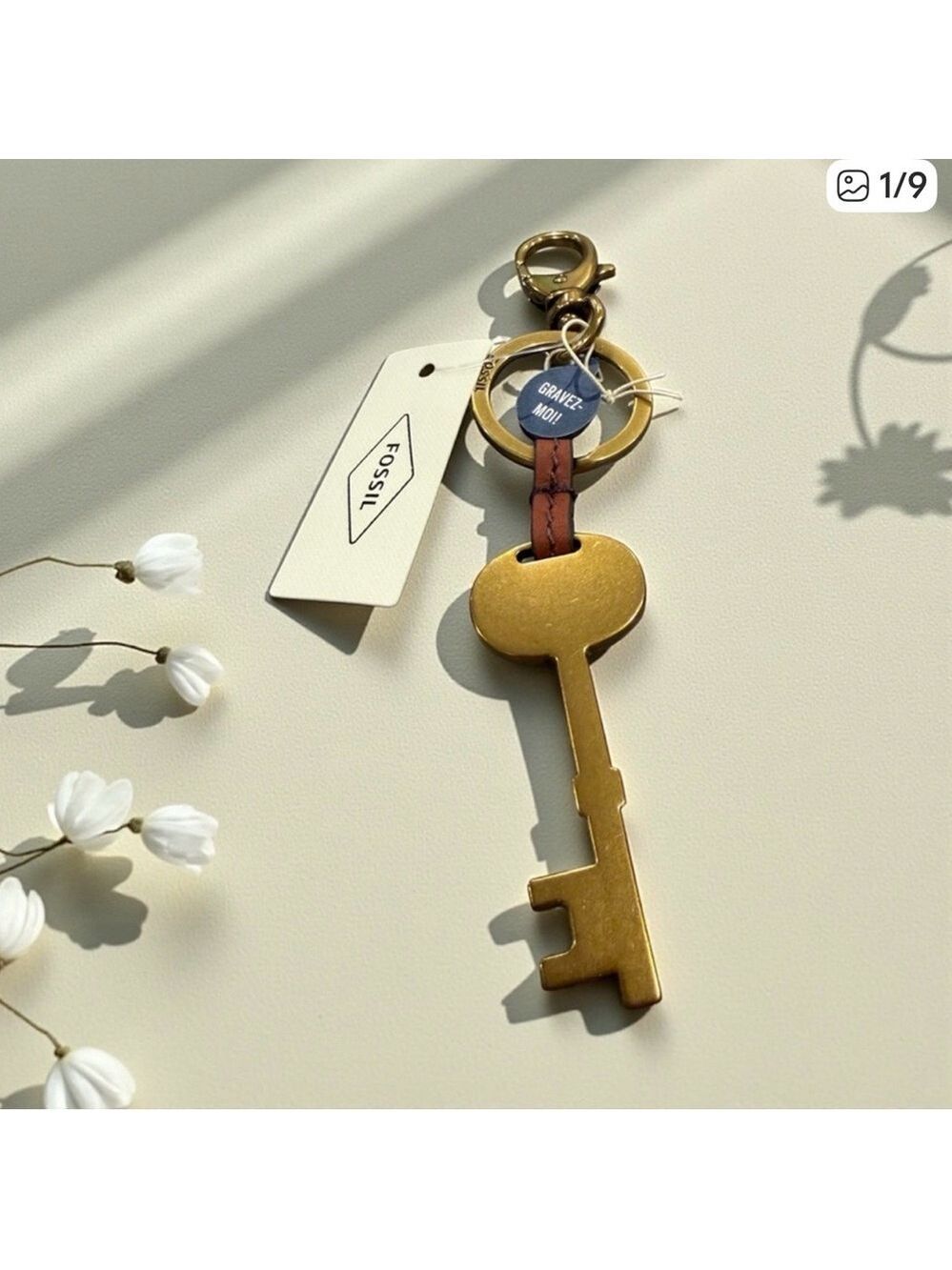 NWT Fossil Gold Key Bag Charm Keychain Leather Accent Vintage Style